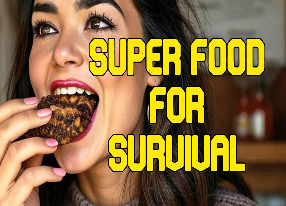 Woman eating pemmican with text 'Super Food for Survival' in yellow.