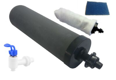 DIY gravity feed water filter kit with 7" black candle filter, pre-filter sock, nozzle, scrub pad